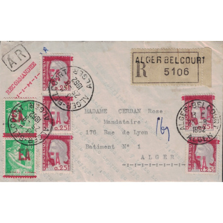ALGERIE - ALGER BELCOURT - TIMBRE AVEC SURCHARGE EA - LE 25-8-1962 SUR LETTRE RECOMMANDEE AVEC AR.