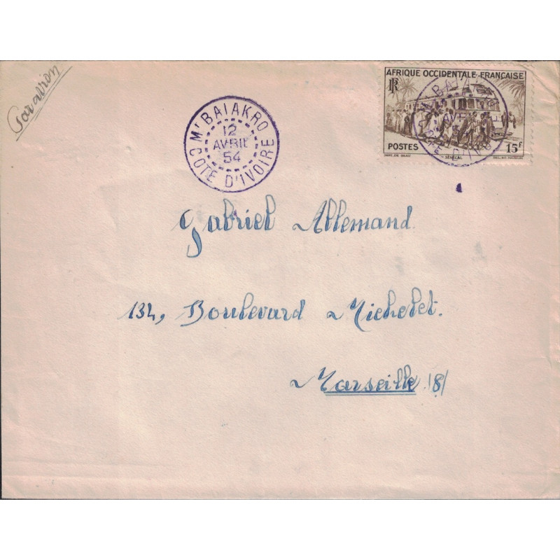 COTE D'IVOIRE - M'BAIAKRO (CACHET VIOLET) - 12 AVRIL 1954 POUR LA FRANCE.