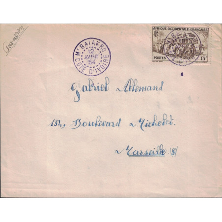 COTE D'IVOIRE - M'BAIAKRO (CACHET VIOLET) - 12 AVRIL 1954 POUR LA FRANCE.