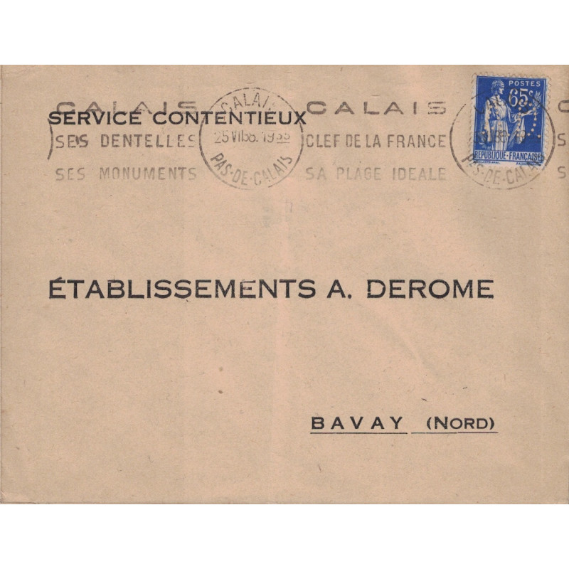 PAS DE CALAIS - CALAIS - 65c TYPE PAIX - PERFORATION A.D. - ETS A. DEROME- LE 25-7-1935.