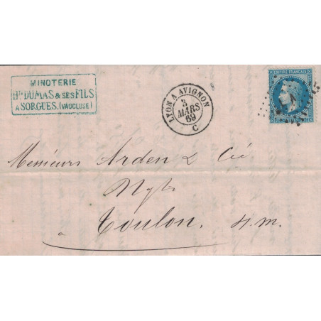 VAUCLUSE - SORGUES - EMPIRE N°29 OBLITERATION LOSANGE AMBULANT L A - CACHET LYON A AVIGNON - 3-1-1869.