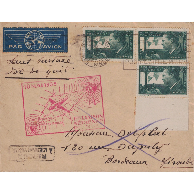PARIS - PARIS-MONT DE MARSAN - LANDES - 1er LIAISON AERIENNE DE NUIT SANS SURTAXE LE 10 MAI 1939.
