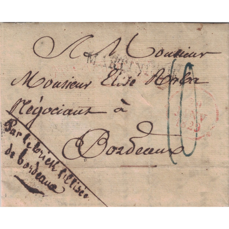 GUYANE - CAYENNE - LETTRE AVEC ENTAILLES DE PURIFICATION - GRIFFE DE PASSAGE MARTINIQUE - LE 16-9-1828.