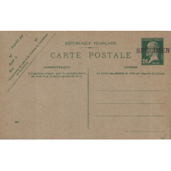 PASTEUR - 20c CARTE POSTALE ENTIER NEUVE - SURCHARGE SPECIMEN