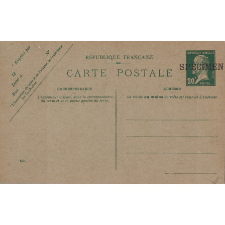 PASTEUR - 20c CARTE POSTALE ENTIER NEUVE - SURCHARGE SPECIMEN