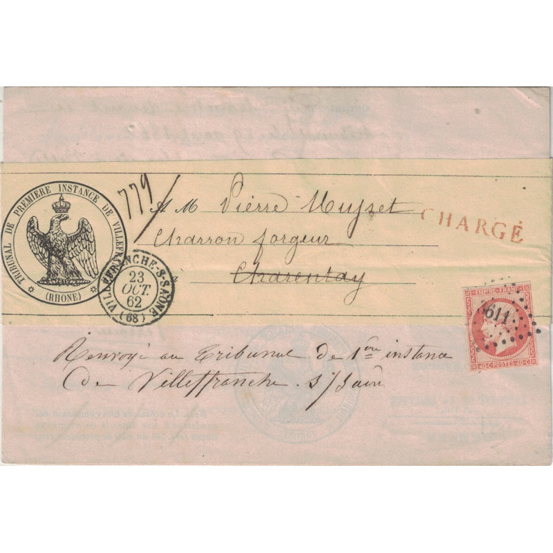 RHONE - VILLEFRANCHE-S-SAONE - LETTRE CHARGEE 23 OCTOBRE 1862 - TRIBUNAL DU RHONE.