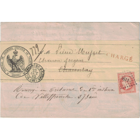 RHONE - VILLEFRANCHE-S-SAONE - LETTRE CHARGEE 23 OCTOBRE 1862 - TRIBUNAL DU RHONE.