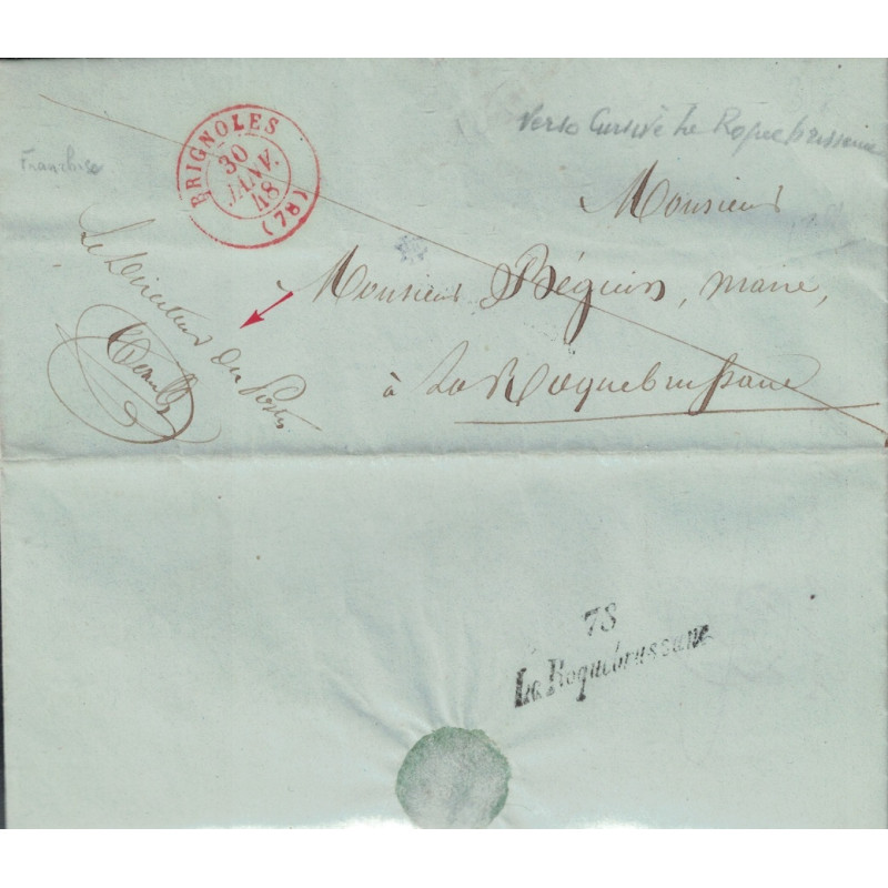 VAR - BRIGNOLES - EN ROUGE - EN FRANCHISE - CONTRESEING DU DIRECTEUR DES POSTES - ARRIVEE CURSIVE LA ROQUEBRUSSANE