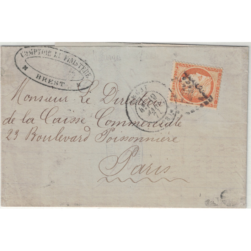 FINISTERE - BREST - CERES SIEGE N°38d - VARIETE 4 RETOUCHE - PLUS CADRE BAS ABSENT - LETTRE POUR PARIS DU 19-3-1875.