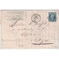 SEINE INFERIEURE - ROUEN - EMPIRE - N°15 SUR LETTRE POUR DIJON LE 24 JANVIER 1864 - SIGNE CALVES.
