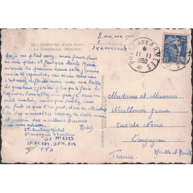 GANDON - POSTE AUX ARMEES - 11-11-1950 - DE FRIBOURG EN FORET NOIRE POUR LA FRANCE - SP 51389 - BPM517.