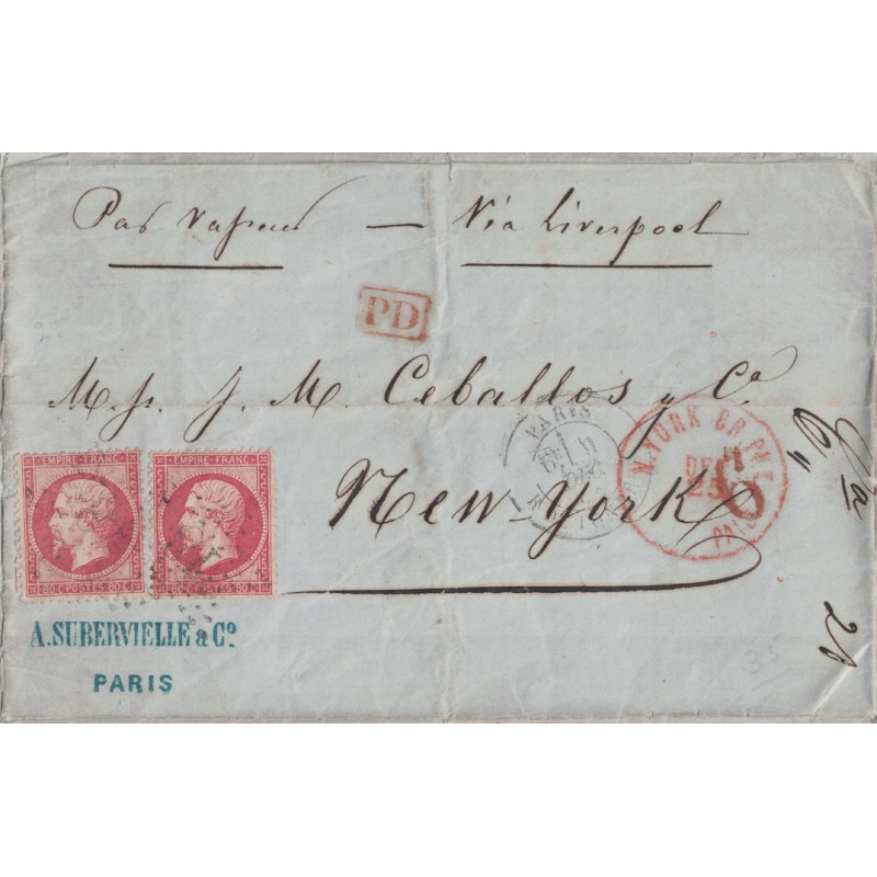 PARIS - EMPIRE - N°24x2 - LETTRE PAR VAPEUR VIA LIVERPOOL POUR NEW-YORK LE 9 OCTOBRE 1864.