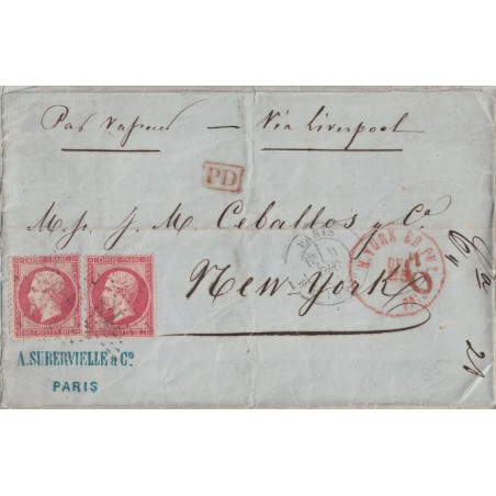 PARIS - EMPIRE - N°24x2 - LETTRE PAR VAPEUR VIA LIVERPOOL POUR NEW-YORK LE 9 OCTOBRE 1864.