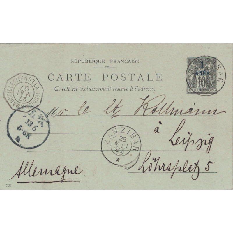 ZANZIBAR - ENTIER POSTAL POUR L'ALLEMAGNE - CACHET MARITIME LA REUNION A MARSEILLE *L.U.N°1* - 27 MAI 1897..