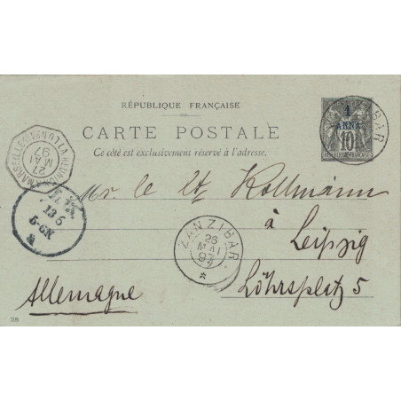 ZANZIBAR - ENTIER POSTAL POUR L'ALLEMAGNE - CACHET MARITIME LA REUNION A MARSEILLE *L.U.N°1* - 27 MAI 1897..