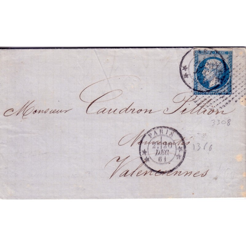 PARIS - ** - No14 - ANNULATION CERCLE 3308 + CAD 1366 - LE 20-12-1861 - RARE.