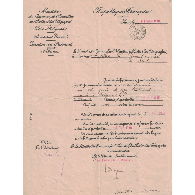 MINISTERE DES POSTES ET TELEGRAPHE - YONNE - POSTES ET TELEGRAPHES - 28 MARS 1918 - MUTATION