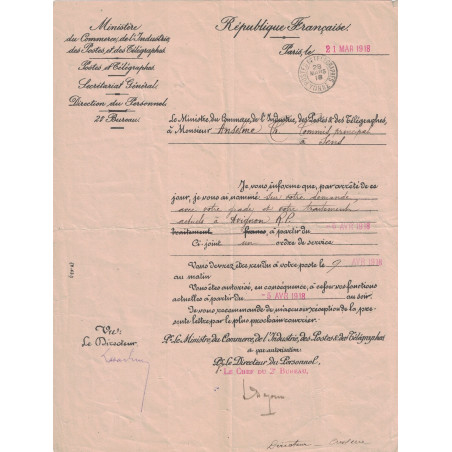 MINISTERE DES POSTES ET TELEGRAPHE - YONNE - POSTES ET TELEGRAPHES - 28 MARS 1918 - MUTATION