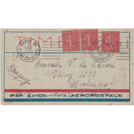 SEMEUSE - DESTINATION MONTEVIDEO - URUGUAY - LETTRE DE PARIS LE 9-11-1929.