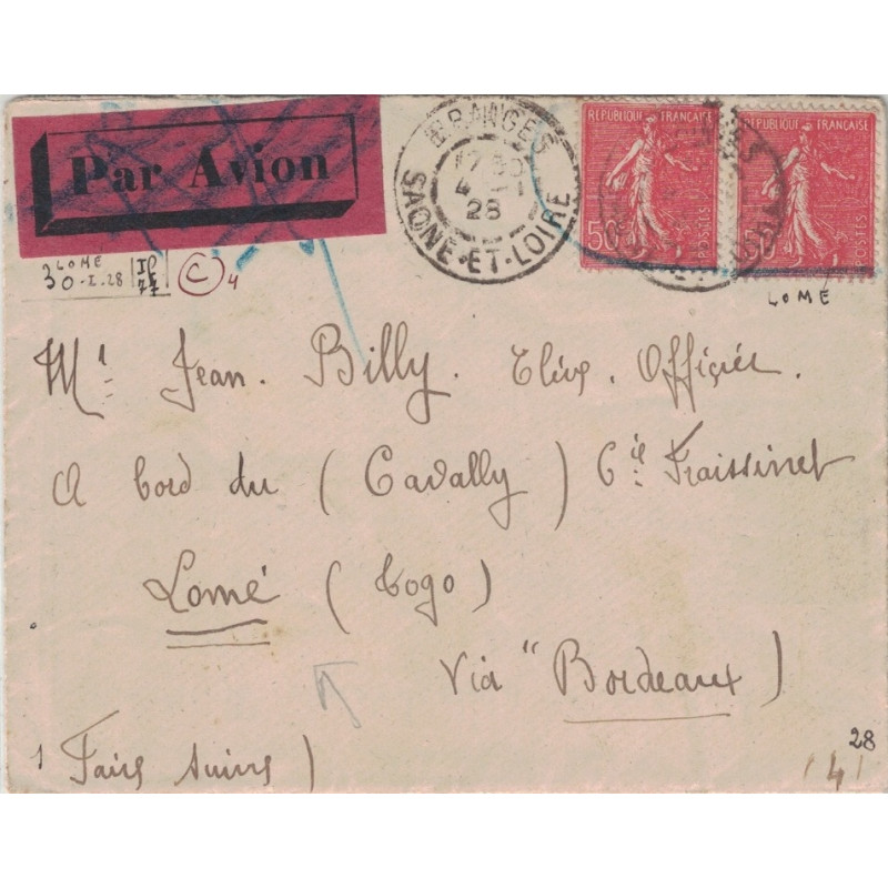 SEMEUSE - DESTINATION LOME - TOGO - LETTRE BRANGES LE 4-1-1928.