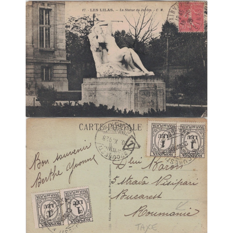 SEMEUSE - DESTINATION BUCAREST - ROUMANIE - CARTE POSTALE DE ROMAINVILLE - SEINE - LE 16-10-1928 - TIMBRE TAXE ROUMAIN.