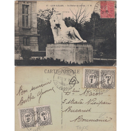 SEMEUSE - DESTINATION BUCAREST - ROUMANIE - CARTE POSTALE DE ROMAINVILLE - SEINE - LE 16-10-1928 - TIMBRE TAXE ROUMAIN.