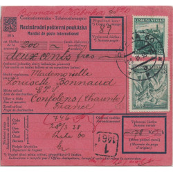 SEMEUSE - MANDAT POSTE INTERNATIONAL TCHECOSLOVAQUIE - LE 30-3-1938 - AVEC TIMBRE DU BUREAU PAYEUR - CONFOLENS - CAHARENTE.
