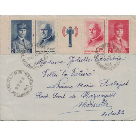 PARIS RP - AFFRANCHISSEMENTS - BANDE PETAIN COMPLETE SUR LETTRE RECOMMANDEE DU 3-3-1943.