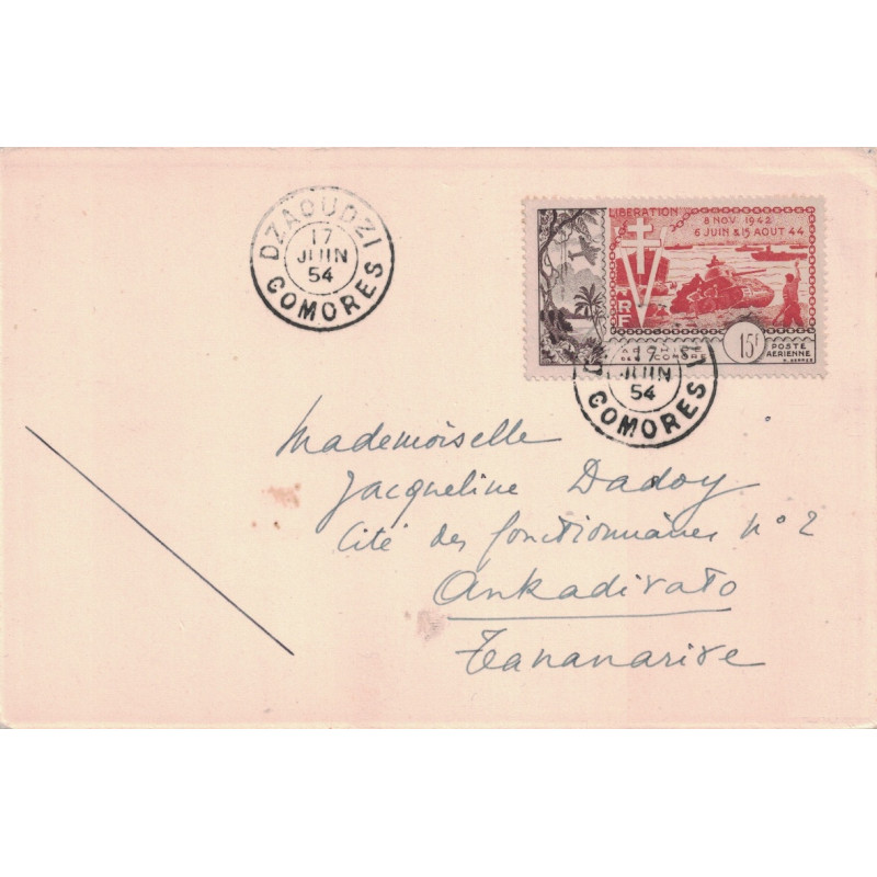 COMORES - DZAOUDZI - LE 17 JUIN 1954 - PA N°4 SEUL SUR CARTE.