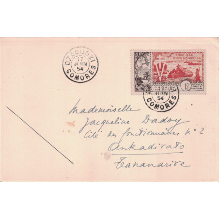 COMORES - DZAOUDZI - LE 17 JUIN 1954 - PA N°4 SEUL SUR CARTE.