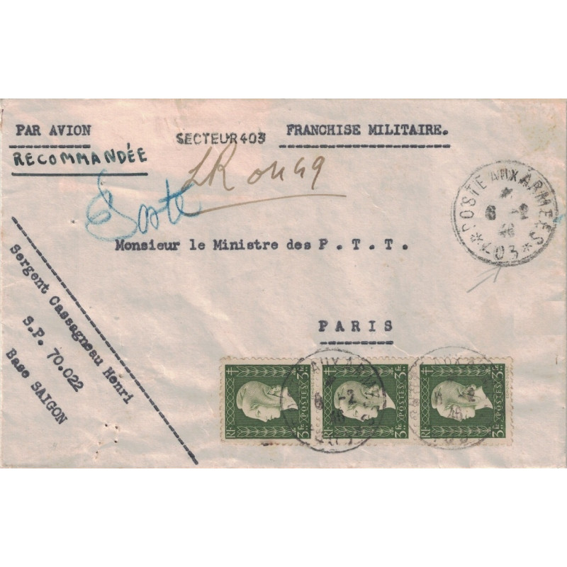 INDOCHINE - MARIANNE DULAC - POSTE AUX ARMEES *403* LE 6-2-1946 SE SAIGON.