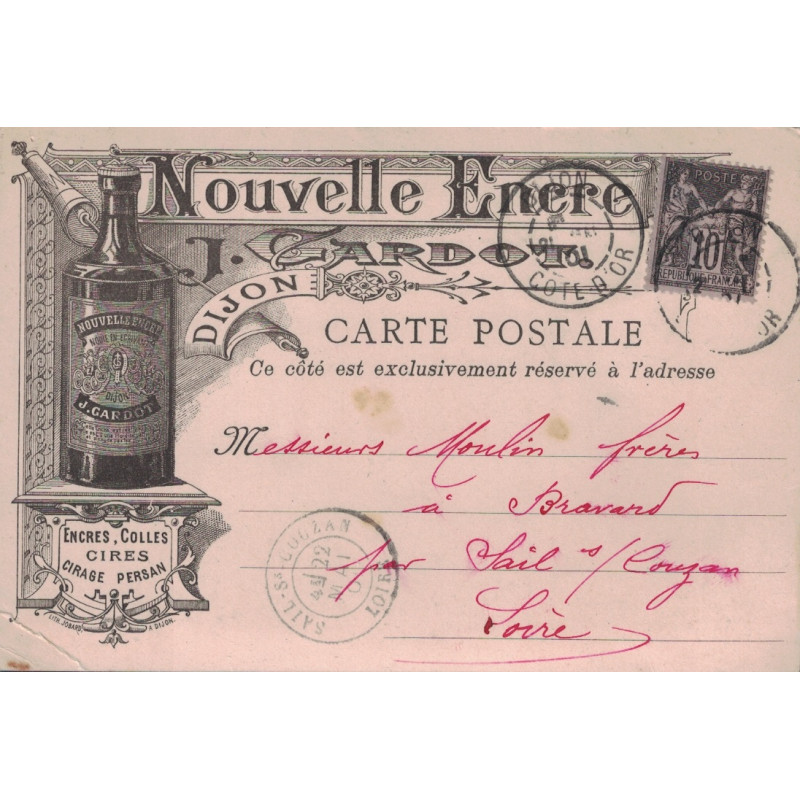 COTE D'OR - DIJON - SAGE 10c SUR CARTE PRIVEE ILLUSTREE "NOUVELLE ENCRE J.GARDOT DIJON" LE 21-5-1901.