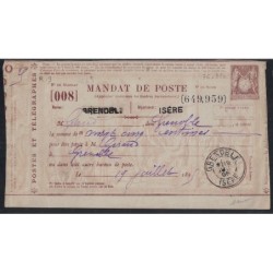 SAGE - MANDAT POSTE - GRENOBLE - ISERE - 9 JUILLET 1895 - AVEC RECEPISSE - SIGNATURE BAUDOT.