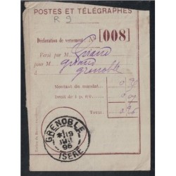 SAGE - MANDAT POSTE - GRENOBLE - ISERE - 9 JUILLET 1895 - AVEC RECEPISSE - SIGNATURE BAUDOT.