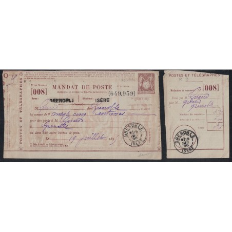 SAGE - MANDAT POSTE - GRENOBLE - ISERE - 9 JUILLET 1895 - AVEC RECEPISSE - SIGNATURE BAUDOT.