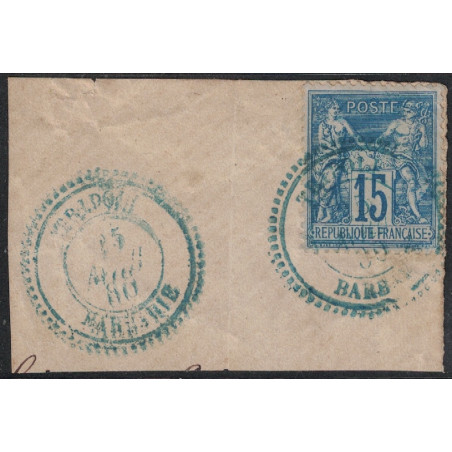 No090 - TRIPOLI - BARBARIE - TYPE 22 EN BLEU - SAGE - FRAGMENT DE LETTRE - 15 AVRIL 1889.