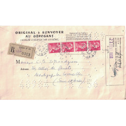 MULLER - 15F x 4 - SUR ENVELOPPE RECOMMANDEE A SYSTEME SOLEAU PERFORE - POUR LE DEPOT DES BREVET D'INVENTION - 24-2-1956.