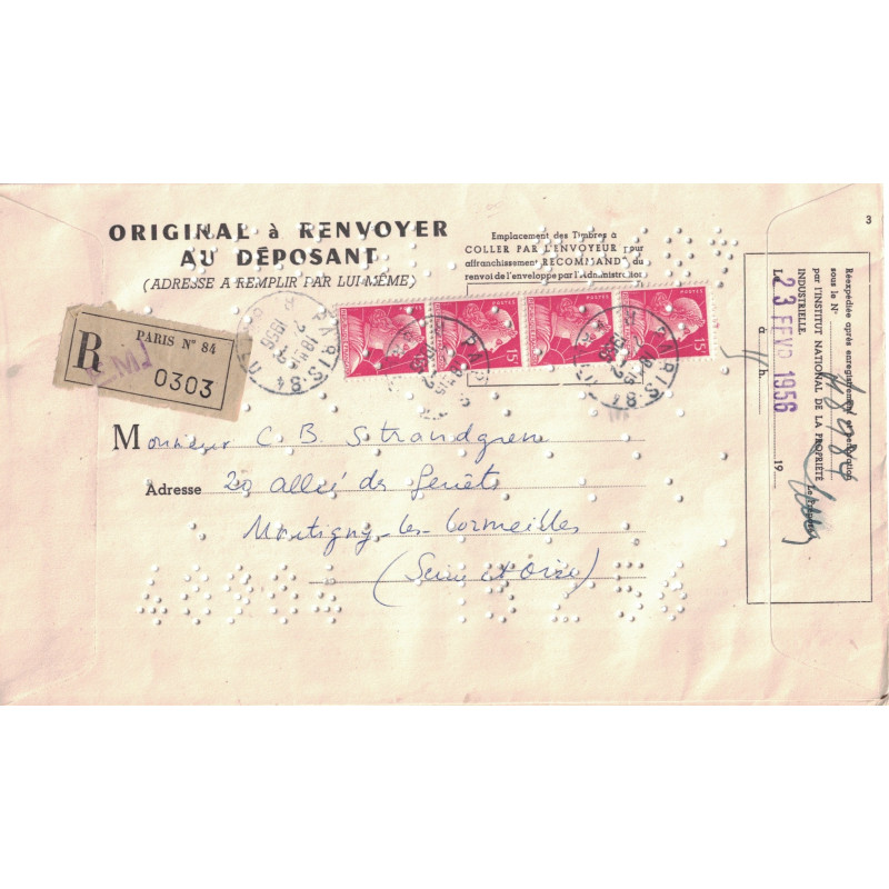 MULLER - 15F x 4 - SUR ENVELOPPE RECOMMANDEE A SYSTEME SOLEAU PERFORE - POUR LE DEPOT DES BREVET D'INVENTION - 24-2-1956.