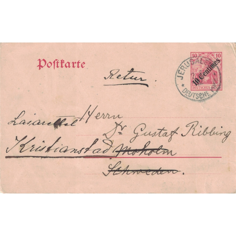 LEVANT ALLEMAND - JERUSALEM -DEUTSCHE POST - ENTIER GERMANIA SURCHARGE 10 CENTIMES.