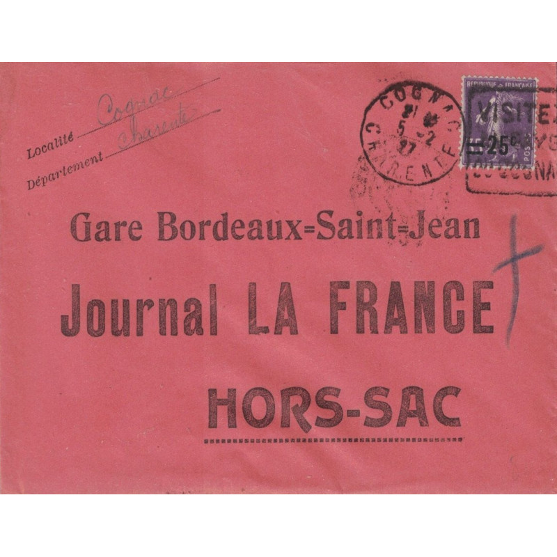 CHARENTE - COGNAC - DAGUIN - SEMEUSE N°218 SUR SUR ENVELOPPE HORS SAC - LE 5-2-1927 - PEU COURANT
