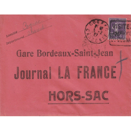 CHARENTE - COGNAC - DAGUIN - SEMEUSE N°218 SUR SUR ENVELOPPE HORS SAC - LE 5-2-1927 - PEU COURANT