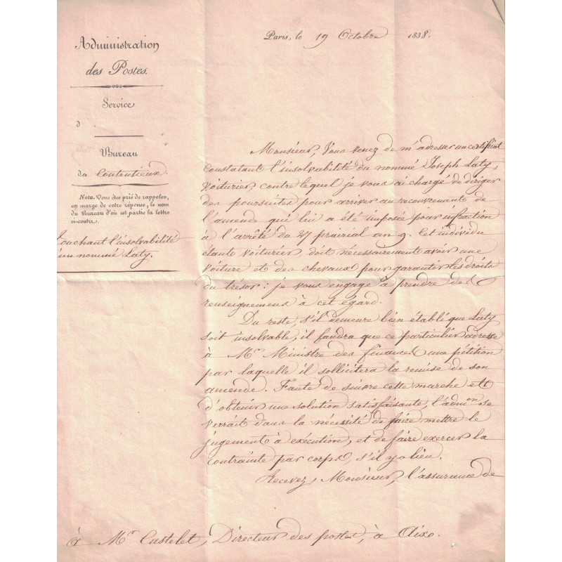 ADMINISTRATION DES POSTES - LETTRE EN FRANCHISE AVEC RARE CACHET DE VERIFICATION - SIGNATURE DU MINISTRE.