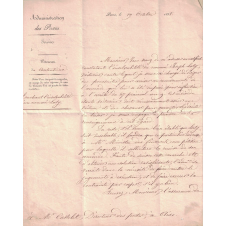 ADMINISTRATION DES POSTES - LETTRE EN FRANCHISE AVEC RARE CACHET DE VERIFICATION - SIGNATURE DU MINISTRE.