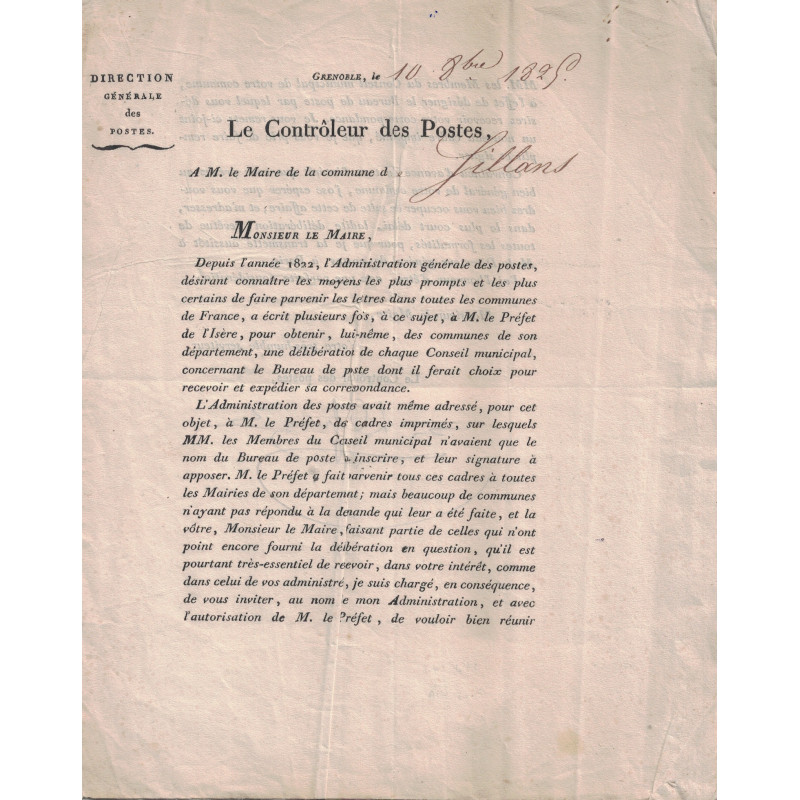 DIRECTION GENERALE DES POSTES - LE CONTROLEUR DES POSTES - ISERE - GRENOBLE - 10-10-1825.