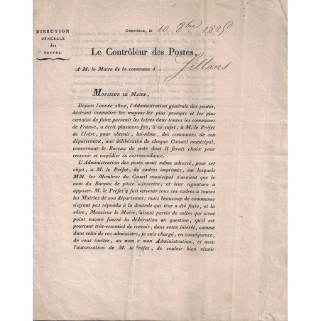 DIRECTION GENERALE DES POSTES - LE CONTROLEUR DES POSTES - ISERE - GRENOBLE - 10-10-1825.