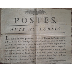 POSTES - AVIS AU PUBLIC - DE 1784 - AFFICHE FORMAT 46x36 - SUR LA CREATION D'UNE LIGNE MARITIME LORIENT - NEW-YORK.