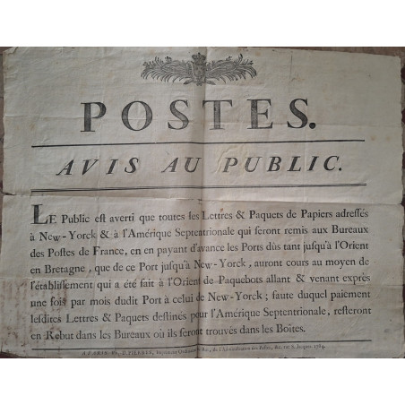 POSTES - AVIS AU PUBLIC - DE 1784 - AFFICHE FORMAT 46x36 - SUR LA CREATION D'UNE LIGNE MARITIME LORIENT - NEW-YORK.