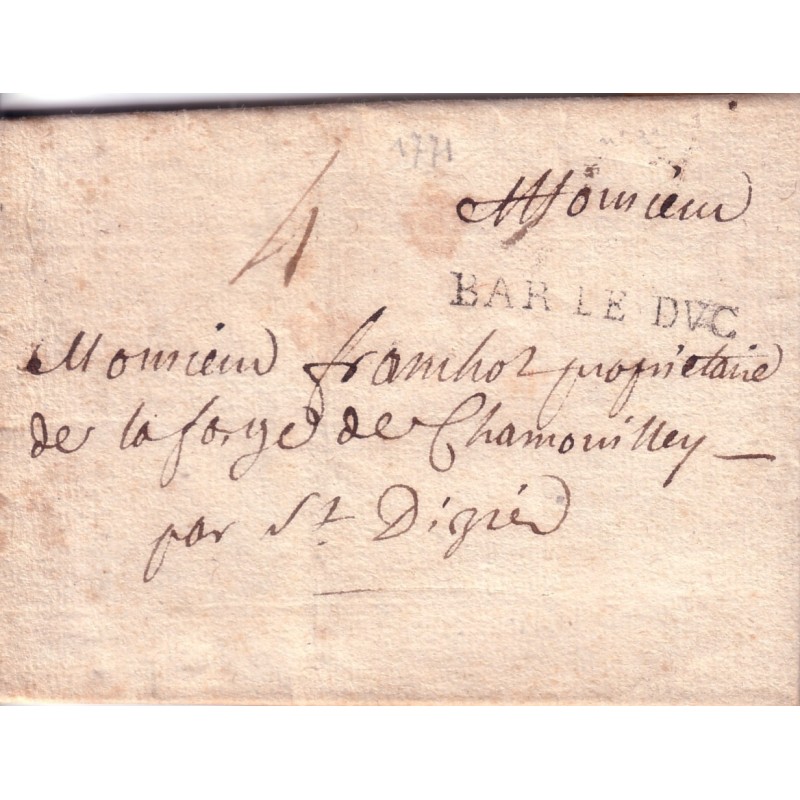 MEUSE - BAR LE DUC 14 AVRIL 1771 + TAXE 4 MANUSCRITE.