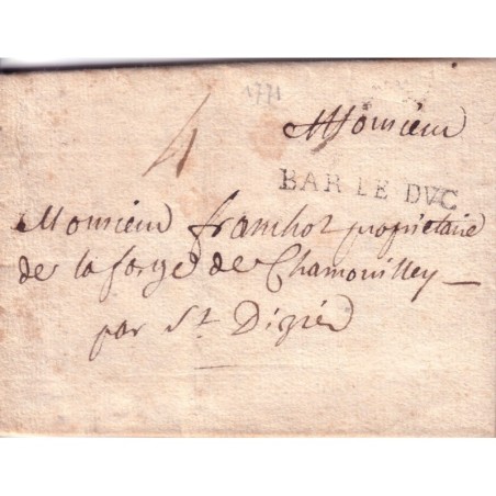 MEUSE - BAR LE DUC 14 AVRIL 1771 + TAXE 4 MANUSCRITE.