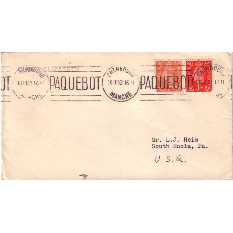 MANCHE - CHERBOURG PAQUEBOT 16-3-1952 / TIMBRES GRANDE BRETAGNE.